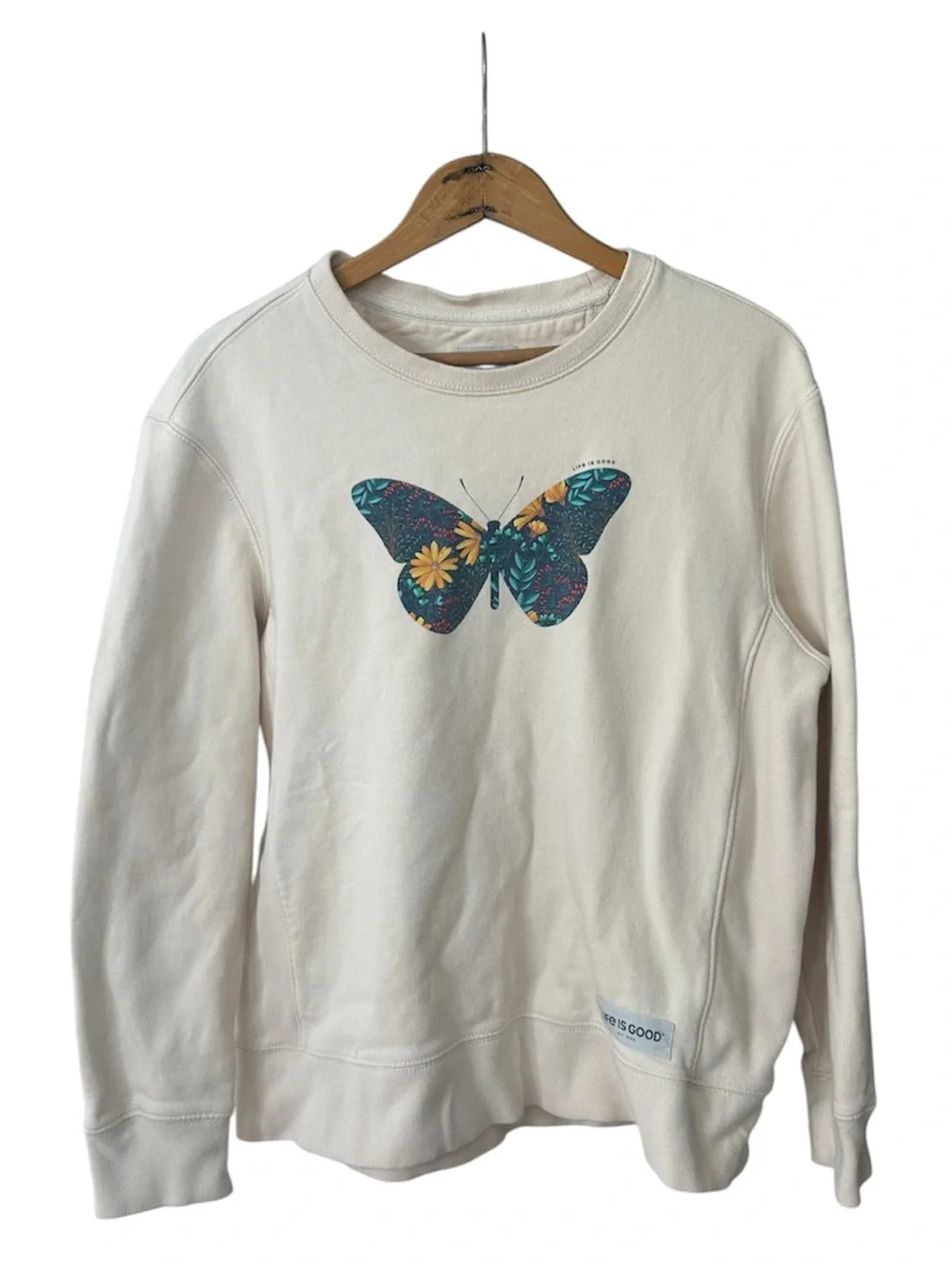 Life Is Good | Women’s Cream Crewneck Floral Butterfly Print Sweatshirt Size M